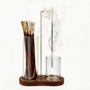 2 x Glass Incense Holder, Black Incense Sticks Burner Holder with Storage,Hang Upside Down Incense Holder for Sticks with Glass Ash Catcher for Meditation Yoga Spa Room Decor (Rustic Brown)