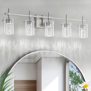 5-Light Brushed Nickel Vanity Light with 3 Color Modes (3000K/4000K/6000K), Eye Protection LED Bathroom Light Fixture, Dimmable Modern Wall Light Over Mirror with Clear Glass Shade