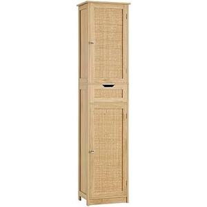 Iwell Tall Narrow Storage Cabinet with Doors, Rattan Cabinet with Adjustable Shelves, Freestanding Linen Storage for Living Room, Entryway, Kitchen, Bathroom, Natural