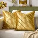 GIGIZAZA Decorative Velvet Pillow Covers 18x18, Set of 2 Gold Sofa Couch Throw Pillows Covers Cases, Living Room Square Cushion Accent Stripe Covers