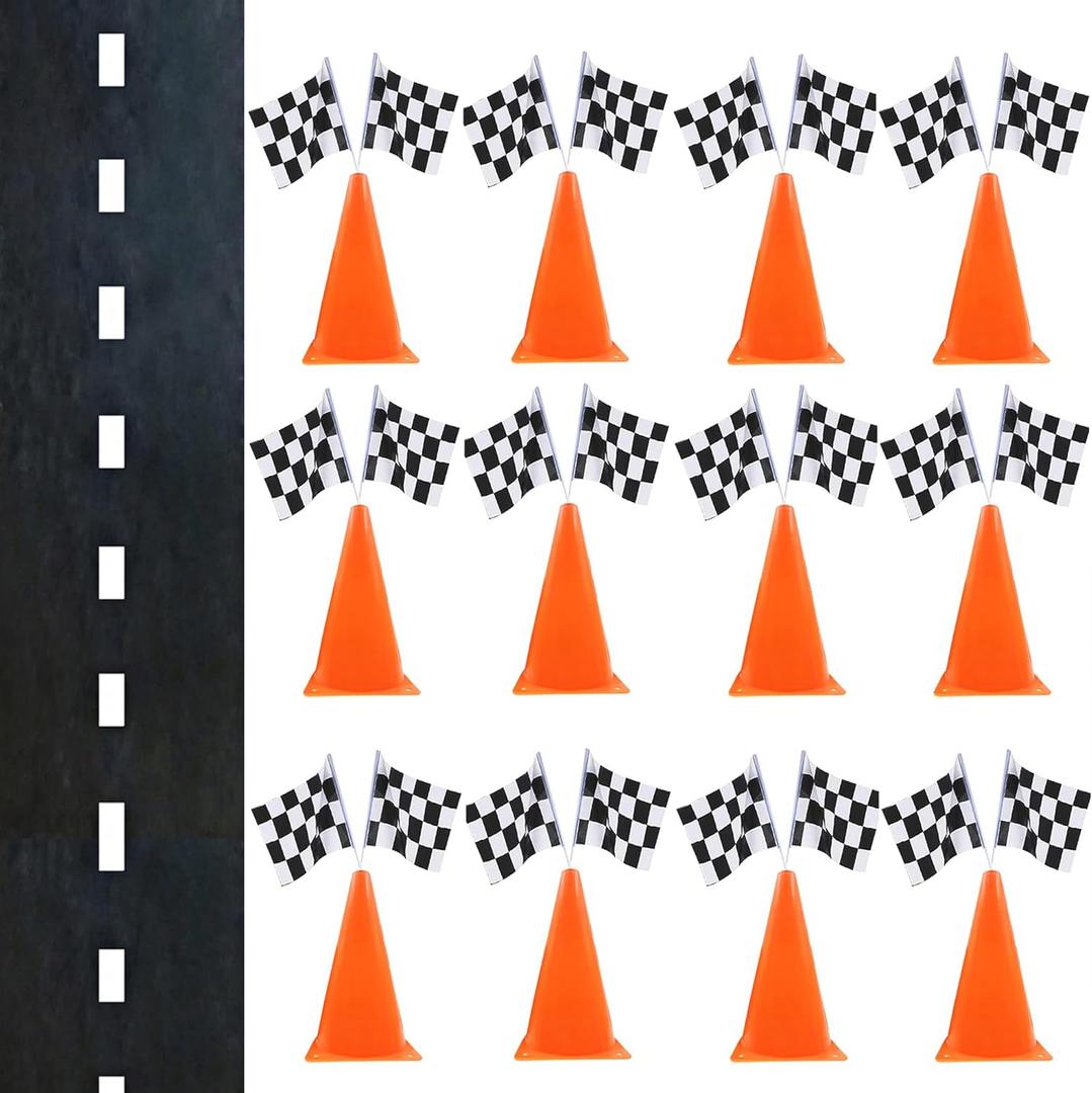 7inch Orange Racing Traffic Cones With Holes on Top,Checkered Flags,Racetrack Floor Runner,Race Car Birthday Party Supplies,Racing Car Table Centerpiece Decorations 38PCS