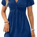 Acelitt Womens Casual Summer Twist Front V Neck Short Sleeve Mini Dress, S (Dark Blue)