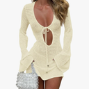 Saodimallsu Womens Crochet Swimsuit Cover Up Long Bell Sleeve V Neck Tie Mesh Knit Summer Beach Dress Vacation Outfits M-L Light Yellow