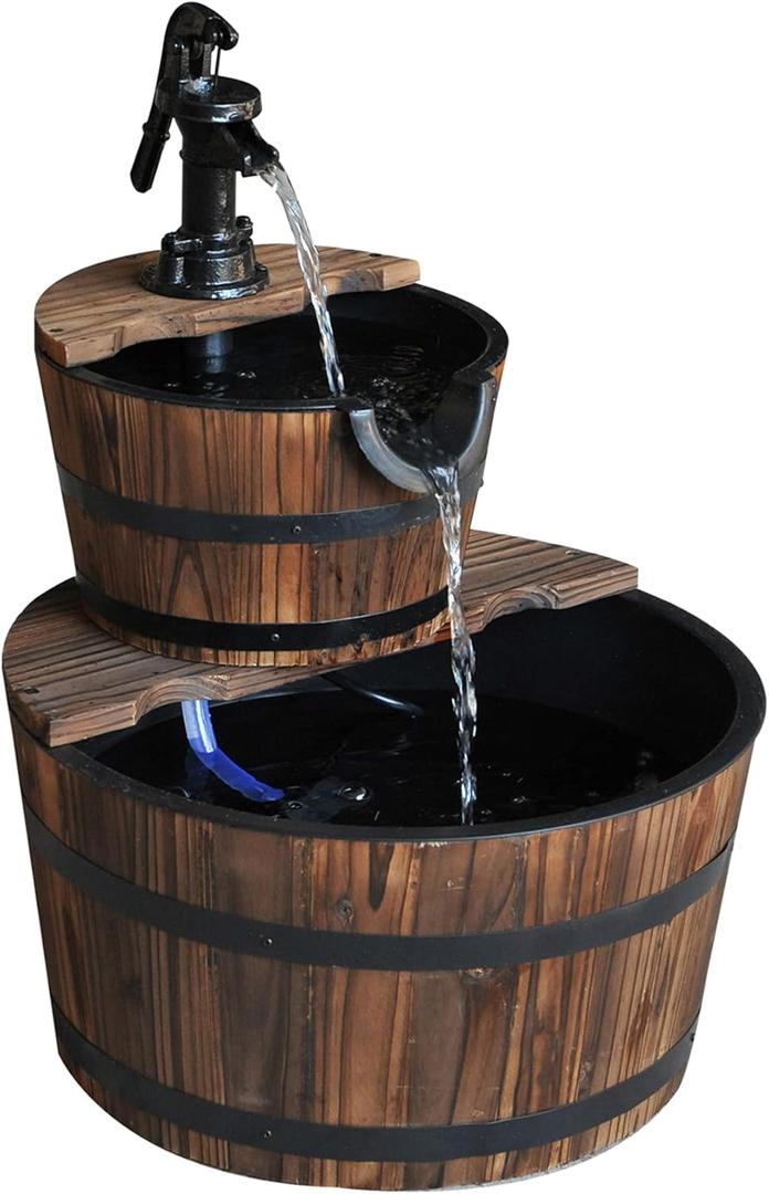 Outsunny Wood Freestanding Fountain with 2 Tier Waterfall Barrel, Electric Pump for Garden Decor, Lawn, Backyard