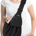 SlowTon Dog Carrier Sling - Thick Padded Shoulder Strap Adjustable Dog Carriers for Small Dogs, Puppy Carrier Purse for Pet Cat with Front Zipper Pocket Safety Belt Machine Washable (Black Knitted, S)
