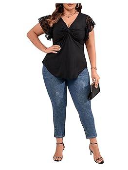 SOLY HUX Women's Plus Size Summer Crop Tops Rushed Bust Tie Front T Shirts Short Sleeve Deep V Neck Tees Plain Black 4XL