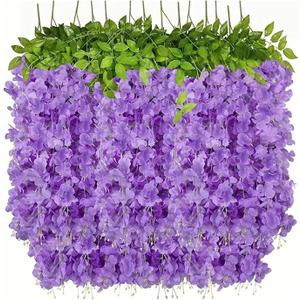 14PCS Artificial Wisteria Hanging Flowers, Six Leaf Blue Garland Silk Flowers Decoration, 43 Feet Fake Wisteria Vine Rattan String for Home Office Wedding Wall Garden Outdoor Party Violet