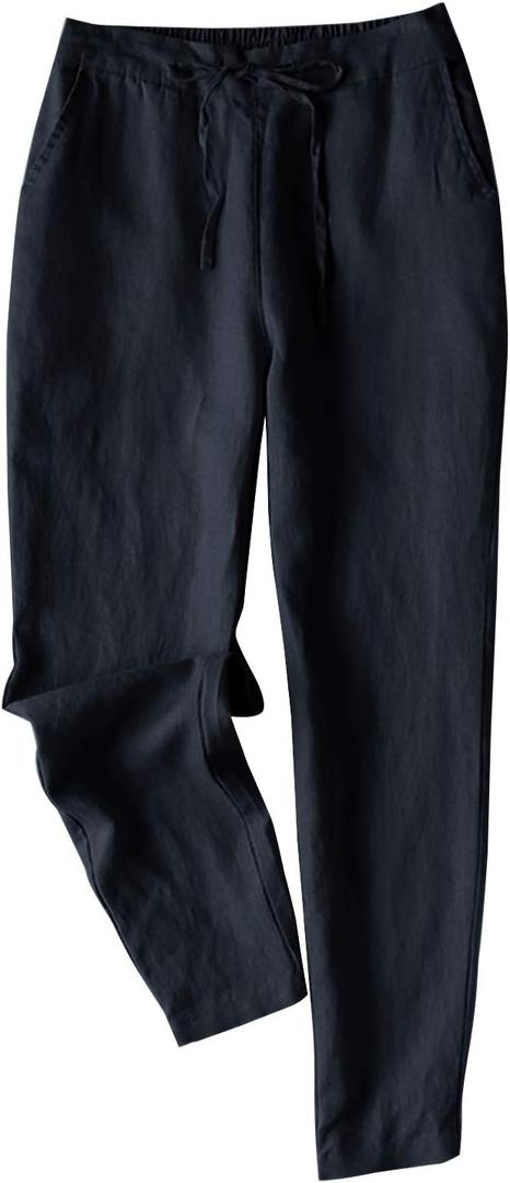 IXIMO Women's Tapered Pants 100% Linen Drawstring Back Elastic Waist Ankle Length Pants (Large, Gray Blue)
