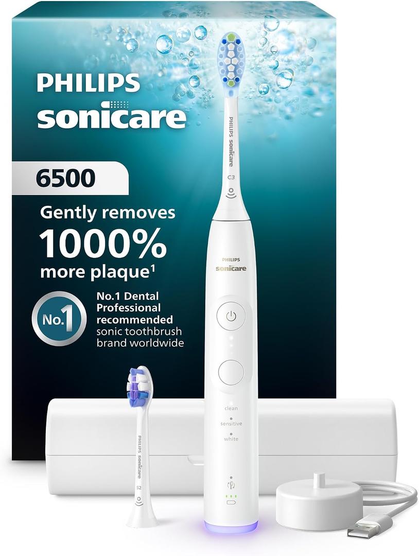 Philips Sonicare 6500 Series Electric Toothbrush - Next-Generation Sonicare Technology, Pressure Sensor, 9 Brushing Settings, SmarTimer, BrushPacer, 21-Day Runtime, Travel Case, White, HX7410/10