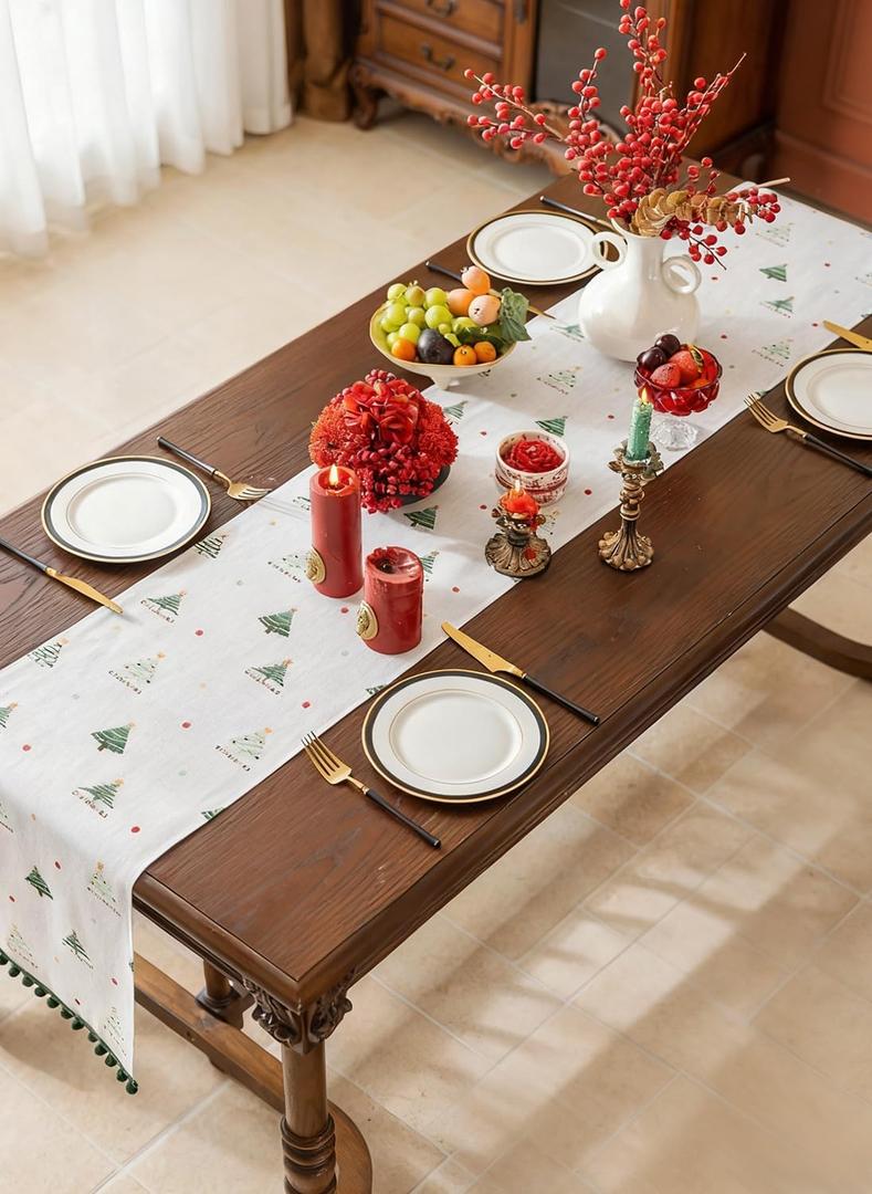 2 x White Christmas Tree Table Runner 95 Inch Long, Ideal for Gifting, Draping Xmas Holiday Table Runner with Dark Green Fringes, Seasonal Winter Kitchen Dining Table Decoration for Home Party 14x95 Inch