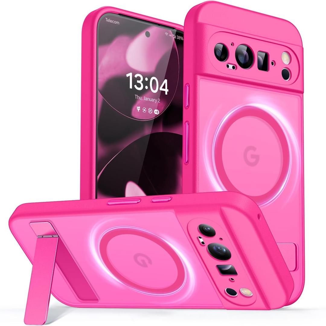 CANSHN Magnetic for Google Pixel 9 Pro XL Case(6.8") with Durable Metal Stand, Upgraded [Full Camera Protection] Translucent Matte Back, Hard Case Cover, Hot Pink