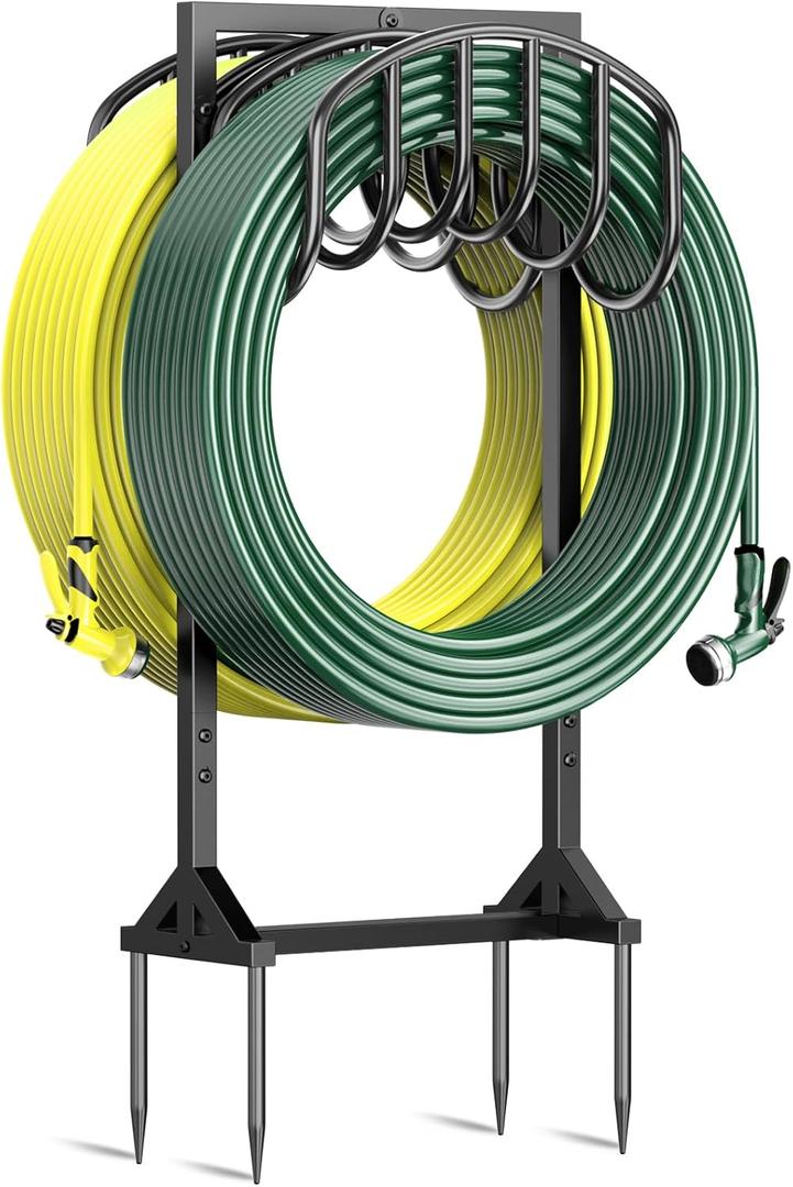 HeroicLion Garden Hose Holder Holds 2 x 151FT Hoses, Heavy-Duty Metal Freestanding Hose Stand Hanger with Stable Base, Rustproof Double Water Hose Holders for Outside Yard Lawn Farm, Black