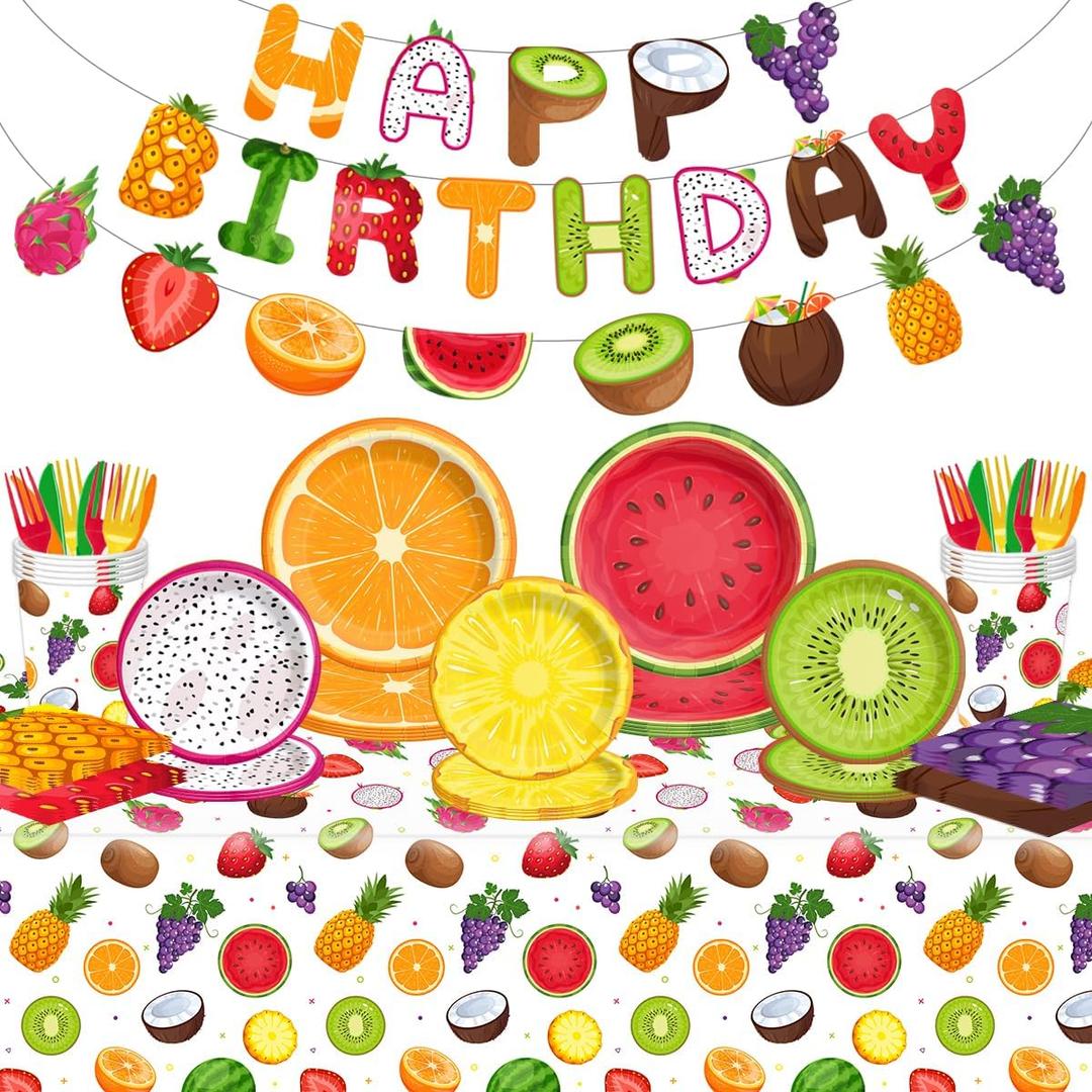 Fruit Birthday Decorations-143Pcs Fruit Theme Plates and Napkins Kit Summer Tutti Frutti Tableware Serves 20 Guests for Birthday Party