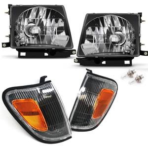4Pcs Black Amber Headlights + Parking Lights Corner Lamps Assembly Fits 1997 1998 1999 2000 Toyota Tacoma Halogen Head Lights, Clear Lens Lights Replace# TO2503120, TO2502120, TO2521154, TO2520154