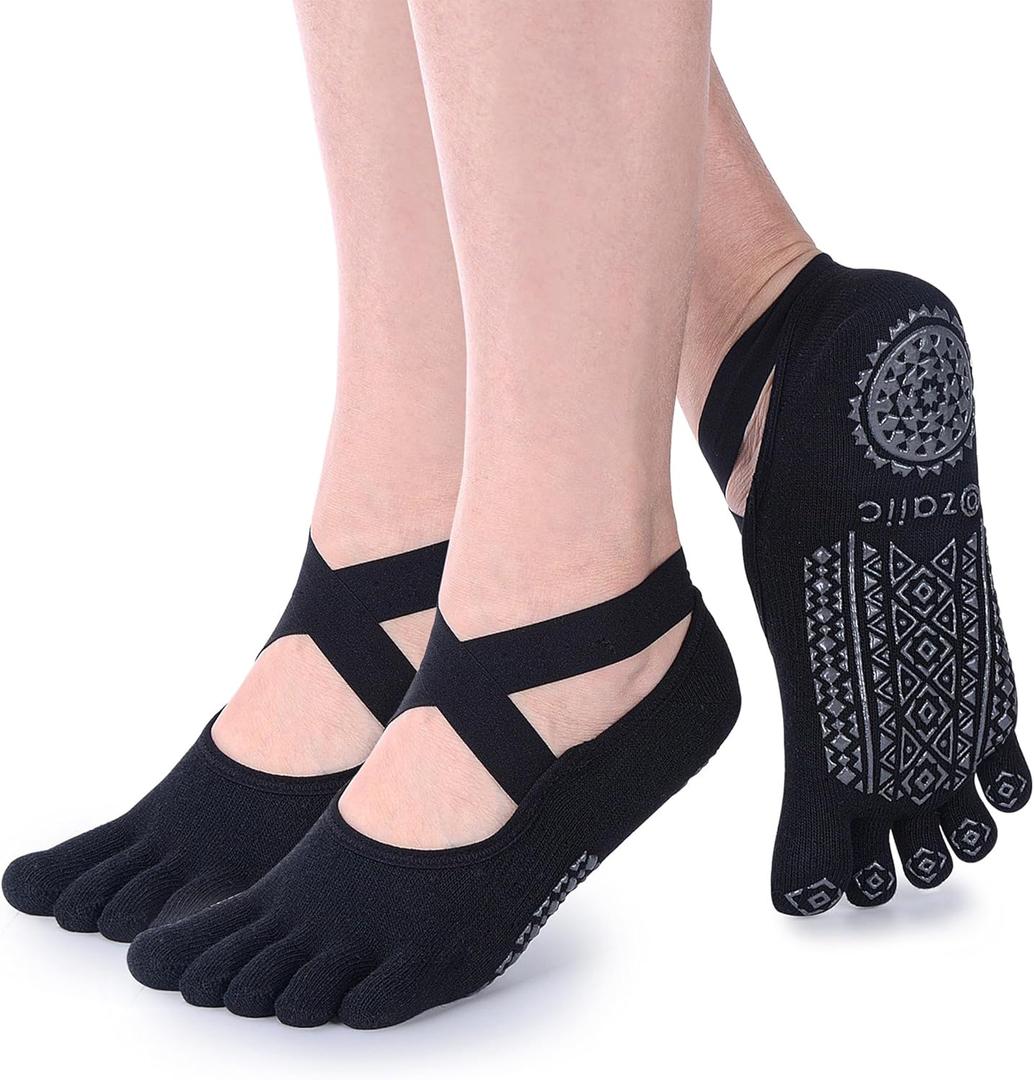 Ozaiic Yoga Socks for Women with Grips, Non-Slip Five Toe Socks for Pilates, Barre, Ballet, Fitness | 5.5-11