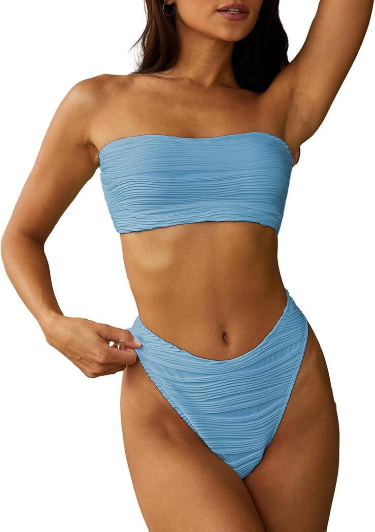 ZAFUL Women Strapless Textured Bandeau Bikini 2 Piece Swimwear Cheeky Solid Lace up Bathing Suits (Medium, 1-light Blue)