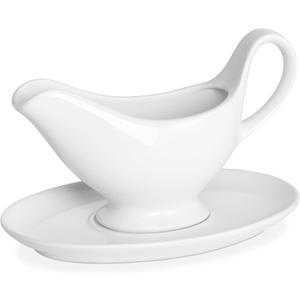 Yedio 12 oz Ceramic Gravy Boat with Saucer  Drip-Free Porcelain Sauce Boat for Gravy, Dressings, Creamer, Milk  Microwave, Oven, Dishwasher Safe  Classic White