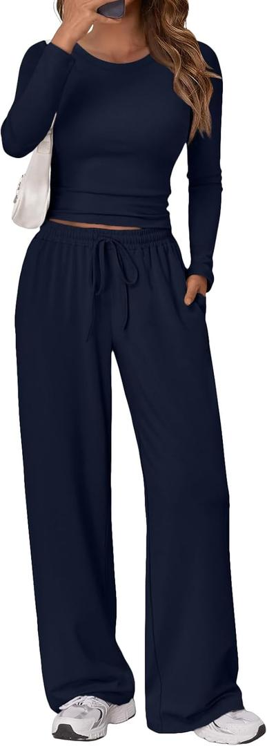 Trendy Queen Women's 2 Piece Matching Lounge Set Long Sleeve Side Ruching Top Wide Leg Drawstring Pants Set with Pockets (Navy) XS