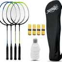 Magicorange Badminton Rackets Set of 4 for Outdoor Backyard Games, Including 4 Racquets,4 Shuttlecocks, 4 Replacement Grip Tapes & 1 Carry Bag (Blue+Green)