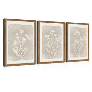 Framed Boho Botanical Flower Wall Art Set of 3, Vintage Minimalist Neutral Floral Wall Decor Paintings, Rustic Farmhouse Wildflower Artwork Prints Picture for Living Room Bedroom Bathroom 12x16 Inch