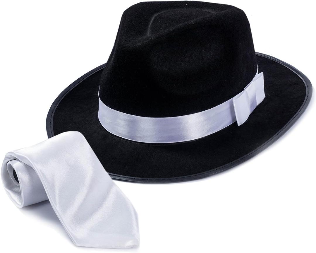 Tigerdoe Fedora Gangster Hat - Mobster Costume - Felt Hat & White Neck Tie - (2 Pc Set) Fedora Hat