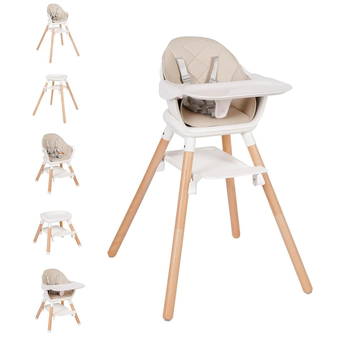 High Chair, 6 in 1 Wooden Convertible High Chairs for Babies and Toddlers, Booster Seat with Double Tray & Reversible Footrest Baby Highchair, 5-Point Harness Baby Feeding Chair, Beige