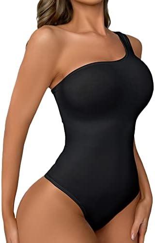 SOLY HUX Bodysuit for Women One Shoulder Tummy Control Shapewear Seamless Thong Body Shaper S