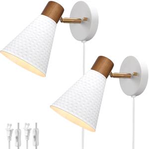 White Plug in Wall Sconces Set of 2, Modern Wall Light with Plug in Cord, Wooden Plug in Sconce with Hammered Metal Shade, Corded Wall Sconce Light Wall Lamp for Bedroom, Living Room, Hallway