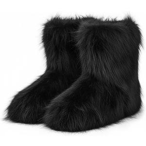 Faux Fur Boots for Women Furry Fuzzy Fluffy Boots Round Toe Mid-Calf Winter Snow Boots Comfortable Outdoor Flat Shoes (8, Black)