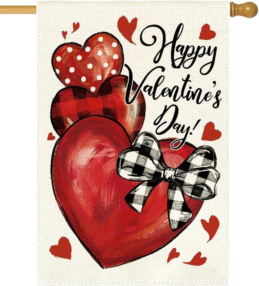 RABUSOFA Happy Valentines Day House Flag 28x40 Inch Double Sided Outside, Love Hearts Rustic Anniversary Yard Outdoor Flag Decorations Red