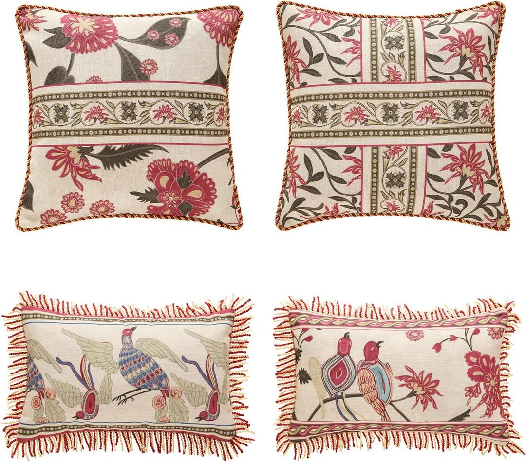 patdrea Designer Throw Pillow Covers Set of 4,Vintage Red Linen Pillowcases with Flower and Birds Pattern Pillows Cover for Couch, Farmhouse Decorative Cushion for Bed Living Room Outdoor Car (18" x 18" (Pack of 4))