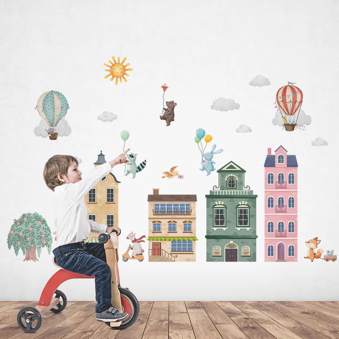 Watercolor City hot air Balloons Wall DecalsCity Construction Animal hot air Balloons Wall StickersBaby Room Animal Decoration Stickersfor Bedroom Playroom Toddler Room Wall Decor