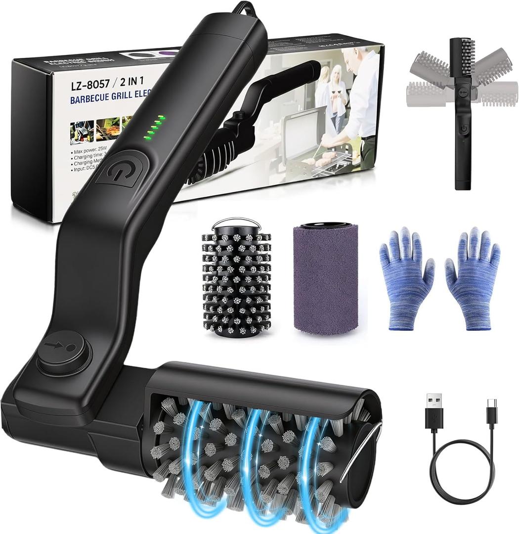 Electric Grill Brush, Electric Grill Cleaner Brush for Outdoor Grill, Cordless Rechargeable BBQ Grill Cleaning Brush, Power Barbecue Grill Brush, Motorized Grill Brush with 3-Speed & Adjustable Angle. Black