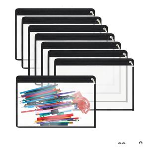 8 Pcs Clear Zipper Pouches Pencil Pouches PVC Makeup Pouch Envelopes Folder Storage Multi Purpose Pouch Document File Organization Bags, Office Supplies (Black Edging)