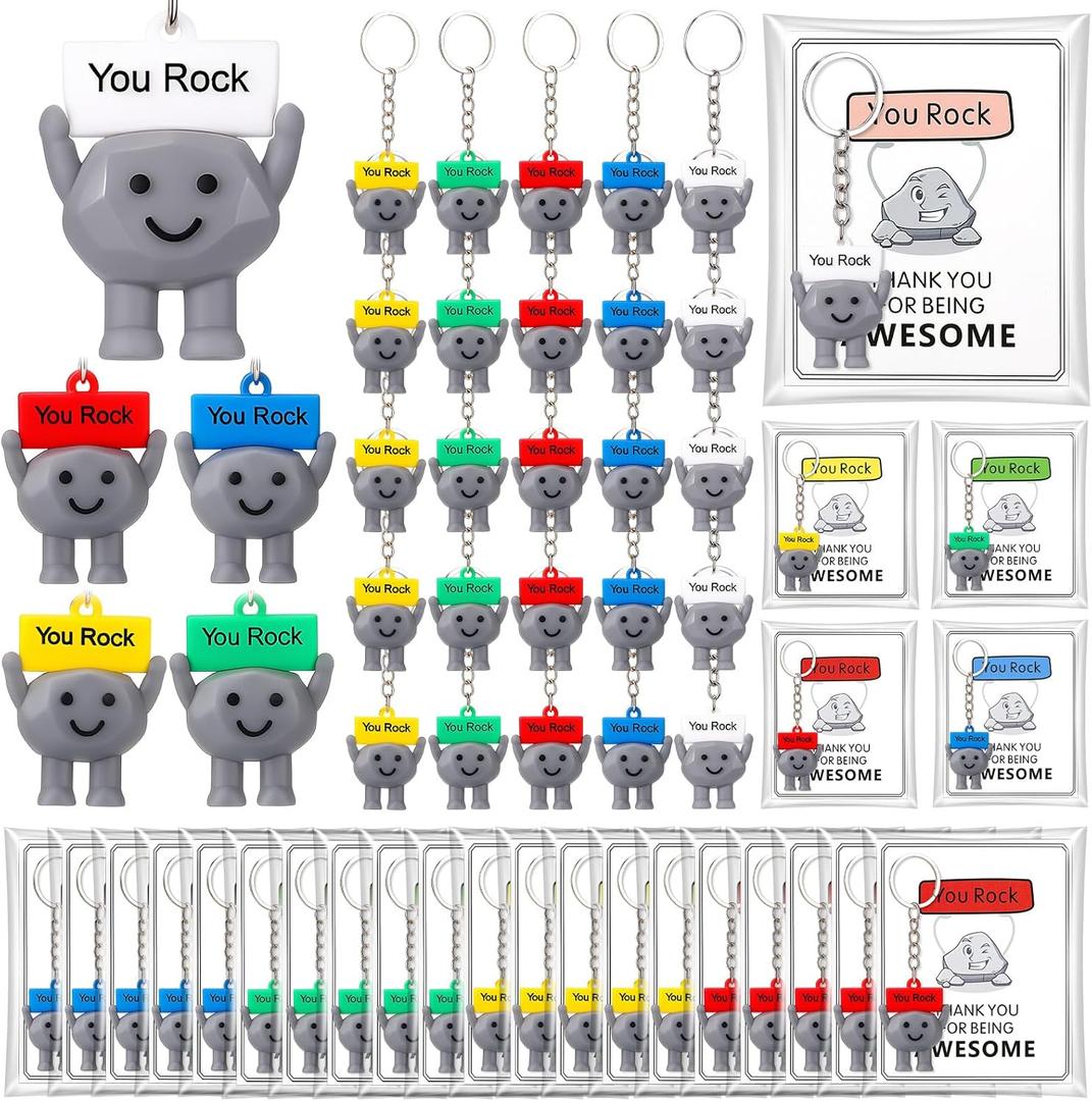 Gejoy 75 Pcs You Rock Gifts Set Include 25 Mini Rubber Rock Keychain 25 Motivational Card 25 Package Bag Positive Inspirational Gifts for Being Awesome Employee Coworker Staff Teacher Team Friends