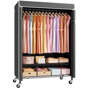 ULIFHOME P6C Plus Rolling Clothes Rack with Cover, Covered Clothing Rack Heavy Duty, Portable Closet for Hanging Clothes, Garment Rack on Wheels, Black Closet Rack with Black Cover, Max Load 375LBS