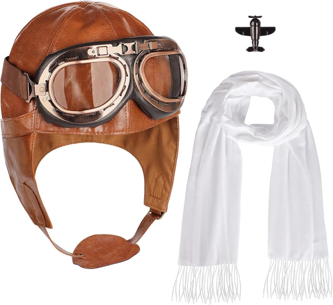 4Pcs Aviator Costume Accessories,Aviator Hat With Goggles White Scarf Brooch,Pilot Cap for Adults Halloween Party (Brown)