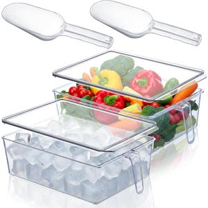 Havawish 4 Pcs Ice Storage Bin for Freezer with Lid and Flexible Scoop Set Plastic Ice Container with Lid Handle for Home Office Fridge Storage (12.4 x 8.07 x 3.94 Inches,Clear)