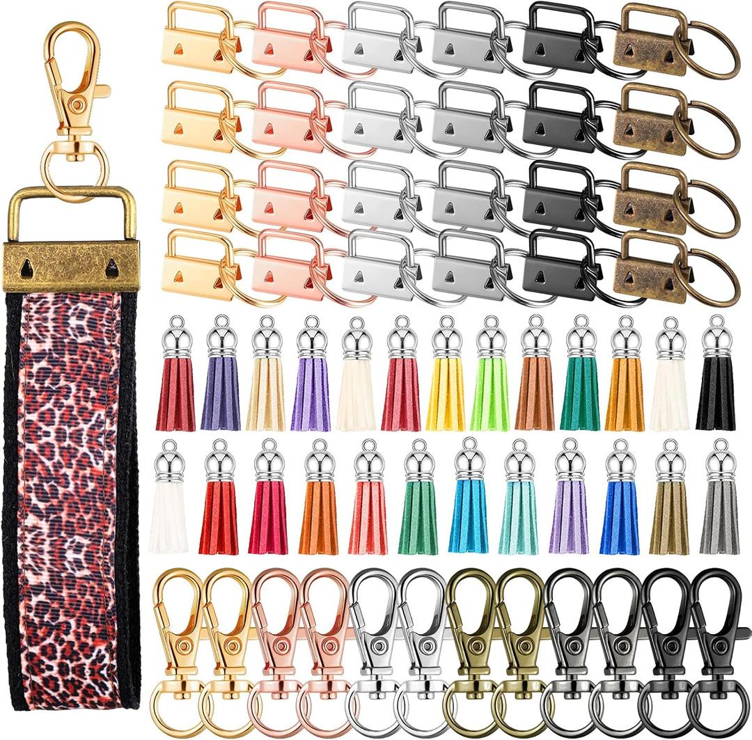 Furge 72 Pieces Key Fob Hardware Set Including 24 Wristlet with Keyring, Colorful Leather Keychain Tassel and Swivel Snap Hooks for Supplies, 6 Colors, Multicolor, Large