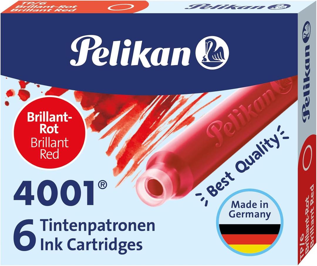 Pelikan 4001 TP/6 Ink Cartridges for Fountain Pens, Brilliant Red, 0.8ml, 6 Pack (301192)