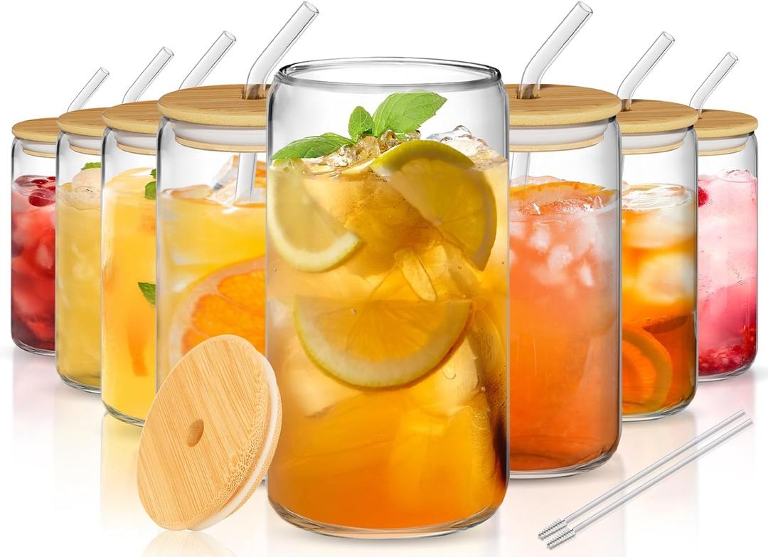8Pcs Glass Cups with Lids and Straws - 16oz Can Shaped Drinking Glasses Set, Iced Coffee Cup, Beer Glasses Tumbler for Juice, Soda , Smoothie, Boba Tea, Whiskey, Cocktail Include 2 Cleaning Brushes (Clear)