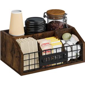 YINMIT Coffee Station Organizer for Countertop, Wood Coffee Bar Organizer with Removable Dividers for Pods, Syrup, Cups, Stirrer, Tea - Office Bar Accessories, Iron Wire-Vintage Brown