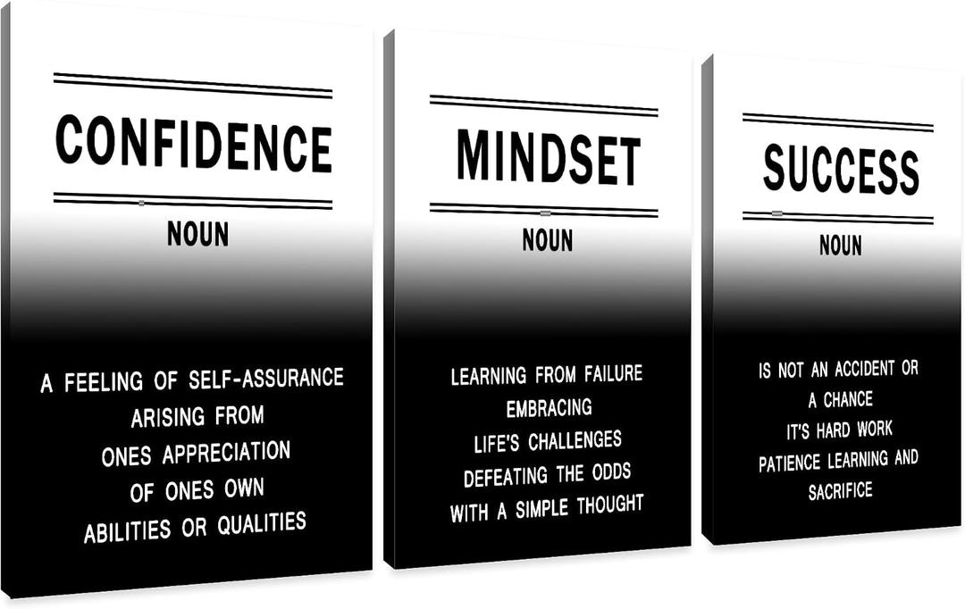 QYHART Inspirational Posters for Office 3 Piece Canvas Wall Art, Confidence Mindset Success Definition Triptych Wall Decor for Home Office Classroom 48x24 Inch