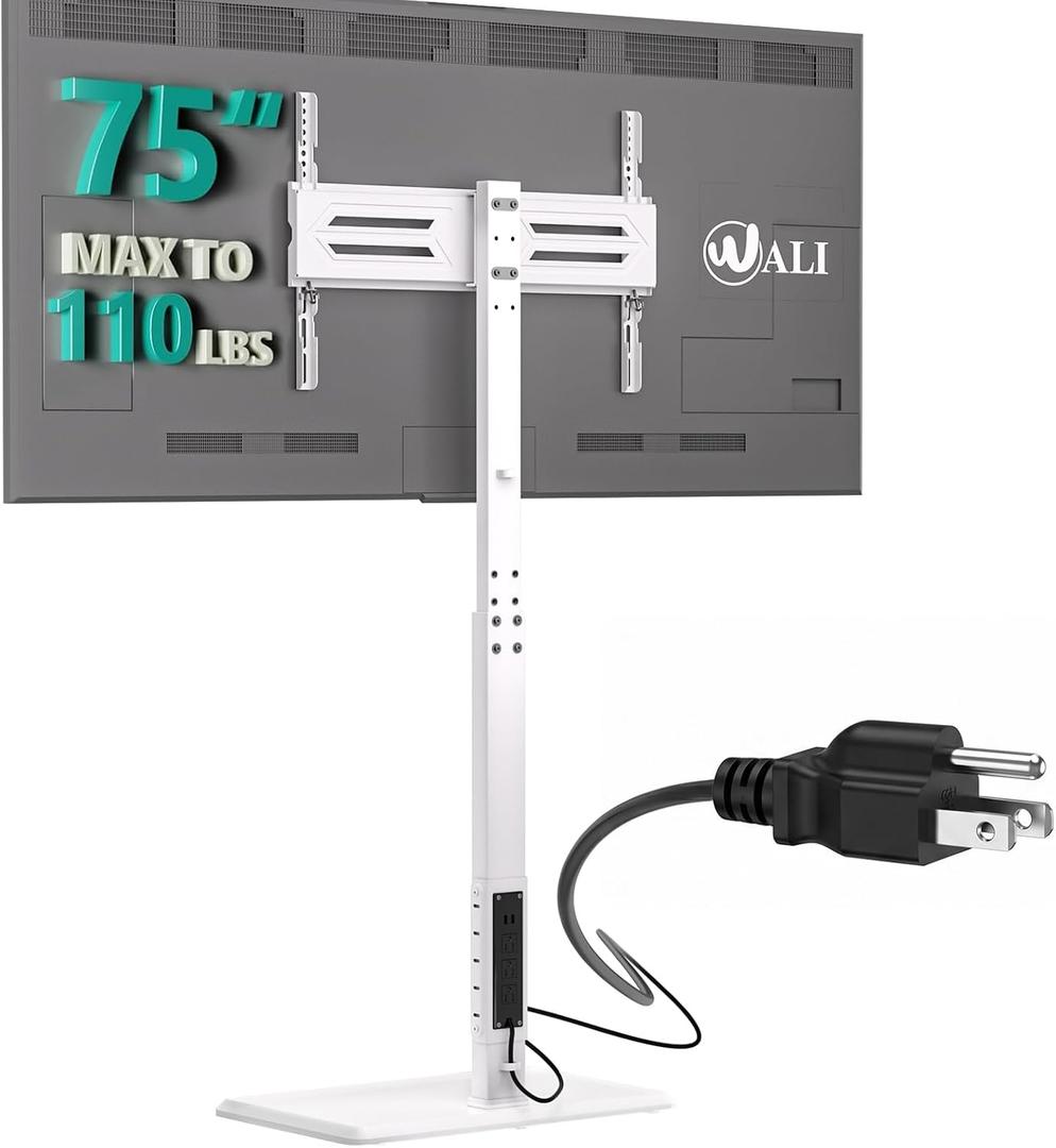 WALI Floor TV Stand with Power Outlet, Tall TV Stand Mount for 32-75 inch TVs up to 110 lbs, Swivel and Height Adjustable TV Stands with Wood Base for Bedroom, Office(TVDVD-7PW), White