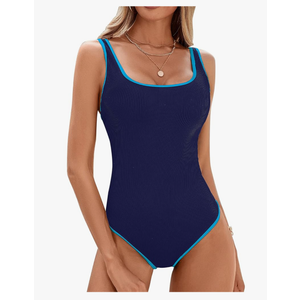 Aleumdr Women's High Cut One Piece Swimsuit Tummy Control Bathing Suit Ribbed Round Neck Sporty Swimwear Sail Blue Large