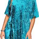 Women's Crew Neck Sequin Dress for Women Sexy V Neck Shirt Dress Sparkly Half Sleeve Loose Party Club Cocktail Dress (Blue, L)