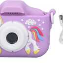 Kids Camera Toys, Age 3-12, Purple, Cartoon Shaped, 32GB Card, HD Digital Video, Charging Cable, Lanyard, Instruction Manual, Kids Selfie Camera