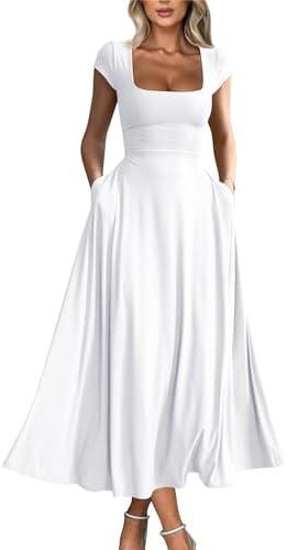 YMDUCH Women's Casual Short Sleeve Square Neck Solid Slim Flowy Maxi Dress with Pockets XL