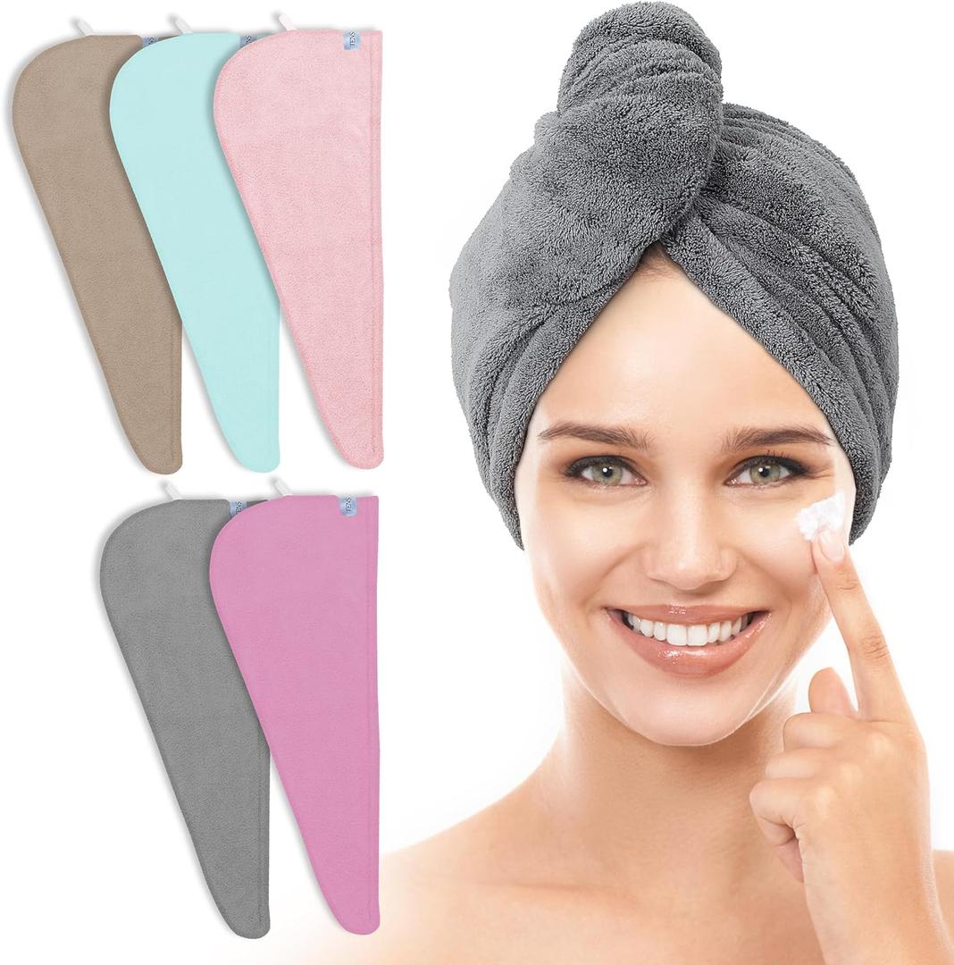TENSTARS 5 Pack Thicken Microfiber Hair Towel Wrap for Women - Elastic Loop Design - 320GSM Coral Velvet - Quick Dry Hair Turban - 11x28 Inch (Grey+Pink+Brown+FrozenBlue+FrozenBerry)