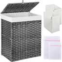 Greenstell Laundry Hamper with Lid, 90L Clothes Hamper with 2 Removable Liner Bags & 2 Mesh Laundry Bags, Handwoven Synthetic Rattan Laundry Basket for Clothes, Toys in Bathroom, Bedroom Grey